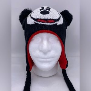 Disney Mickey Mouse Beanie Black Big Face Knit Cap Pom Pom Ears
